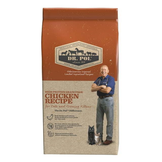 Dr. Pol High Protein Limited Ingredient Chicken Recipe Dry Cat Food for All Breeds, Ages and Sizes of Cats and Growing Kittens, 4 lb. Bag Dr. Pol High Protein Limited Ingredient Chicken Recipe Dry Cat Food for All Breeds, Ages and Sizes of Cats and Growing Kittens, 4 lb. Bag